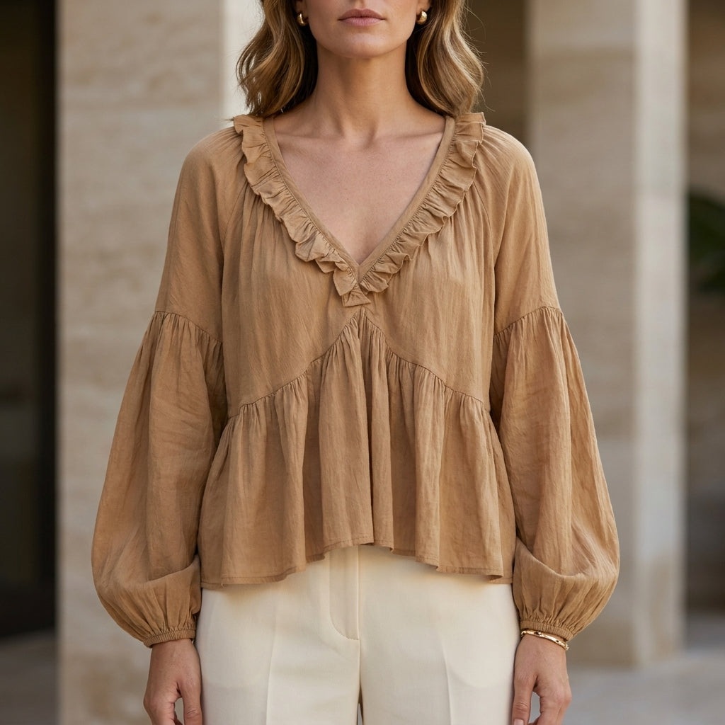 Duttini | Elegant Ruffle Trim V-Neck Peplum Blouse