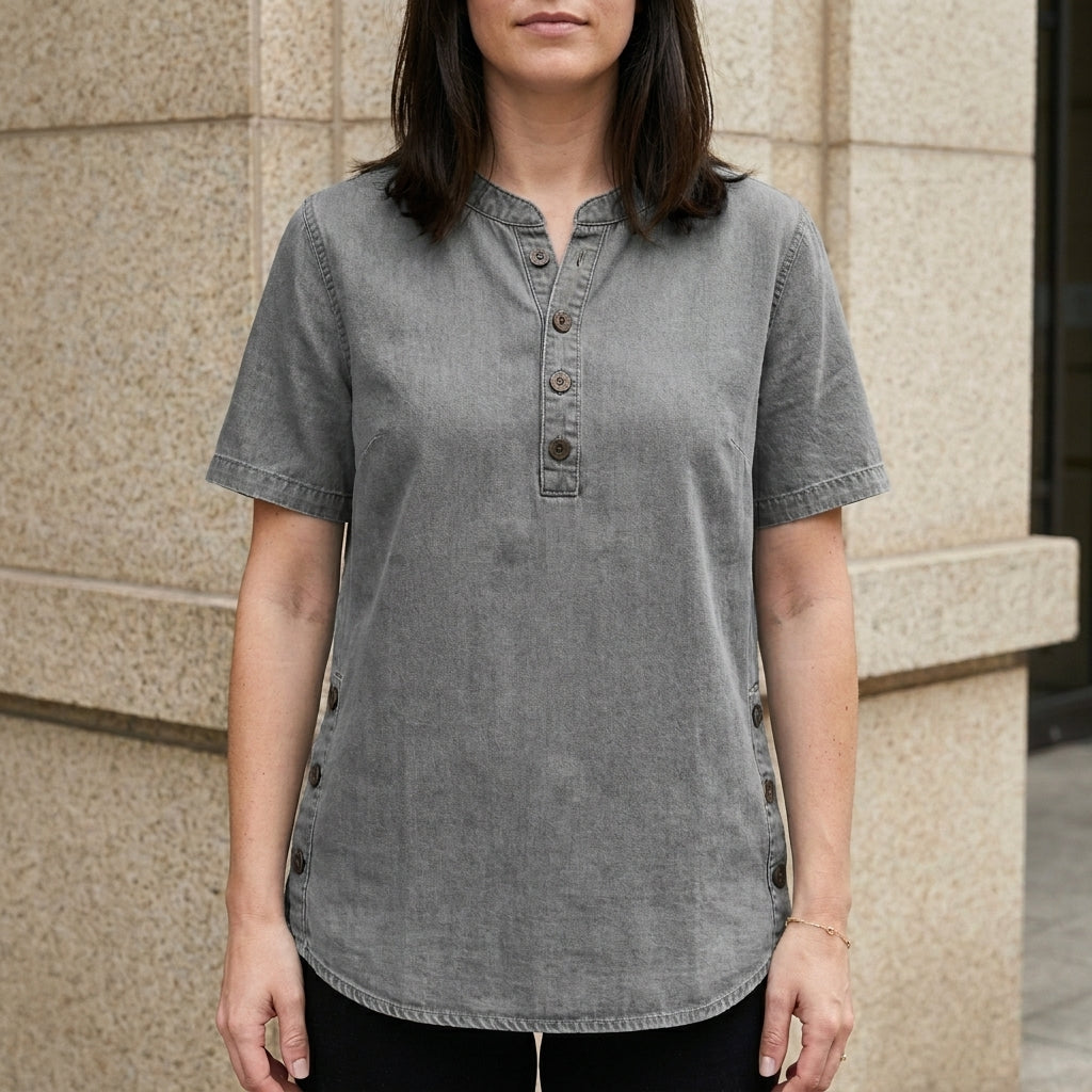 Duttini | Feminine Relaxed Button-Front Denim Look Tunic Top