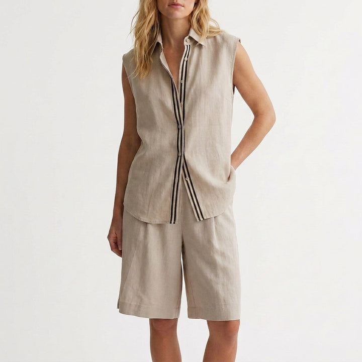 Duttini | Elegant Relaxed Sleeveless Button-Up Shirt And Wide-Leg Pleated Shorts Set