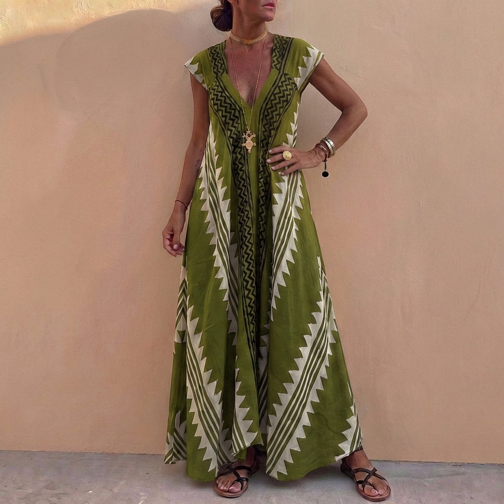 Duttini | Flowing Bohemian-Inspired Flowing A-Line Maxi Dress With Deep V-Neck And Geometric Motifs