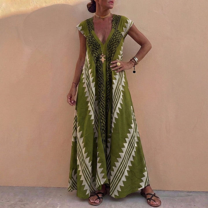 Duttini | Flowing Bohemian-Inspired Flowing A-Line Maxi Dress With Deep V-Neck And Geometric Motifs