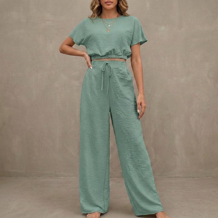 Duttini | Timeless Coastal Breeze Textured Two-Piece Lounge Set With Wide-Leg Pants