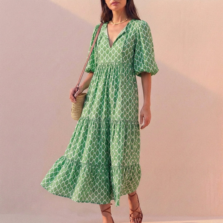 Duttini | Elegant Flowing V-Neck Midi Dress With Puff Sleeves And Tiered Skirt