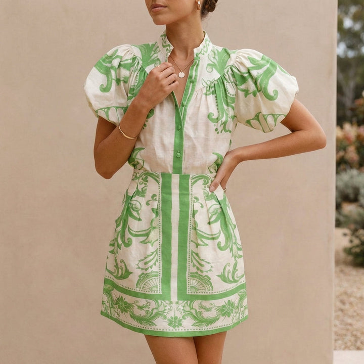 Duttini | Sculpted Puff Sleeve Button-Front Top And A-Line Mini Skirt Matching Set With Band Collar