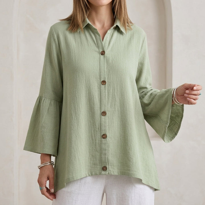 Duttini | Feminine Relaxed Fit Textured Button-Down Blouse With Flared Bell Sleeves
