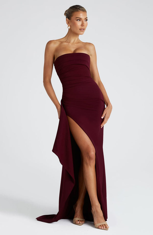 Duttini | Strapless Drape Thigh Slit Evening Gown