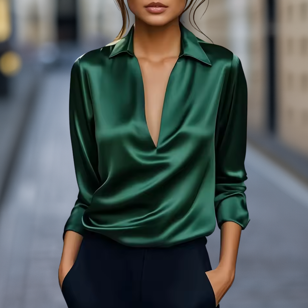 Duttini | Sophisticated Silk Satin Draped V-Neck Blouse With Collared Detail And Flowing Fit