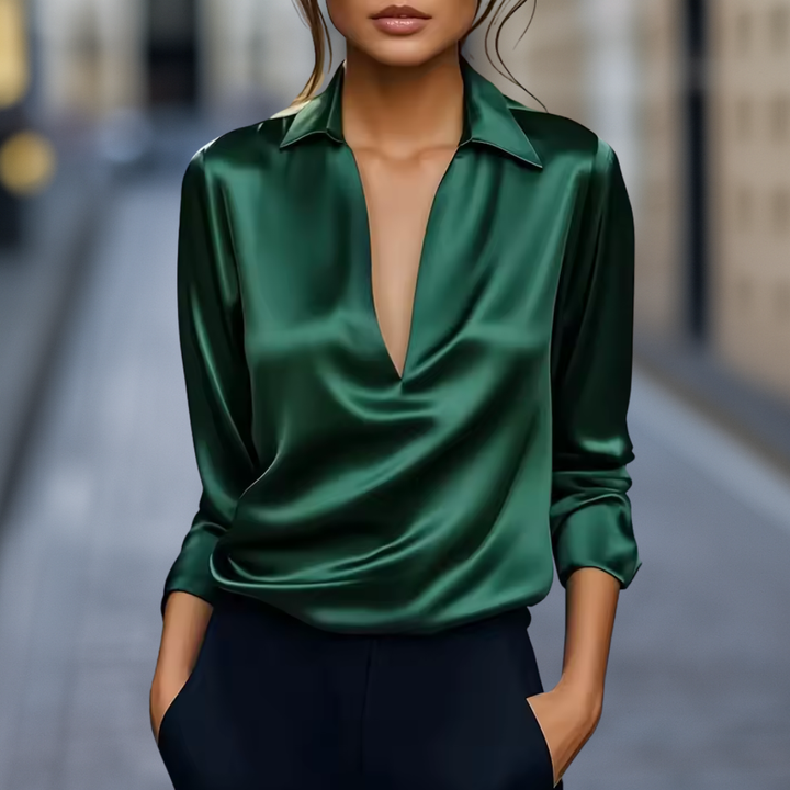 Duttini | Sophisticated Silk Satin Draped V-Neck Blouse With Collared Detail And Flowing Fit