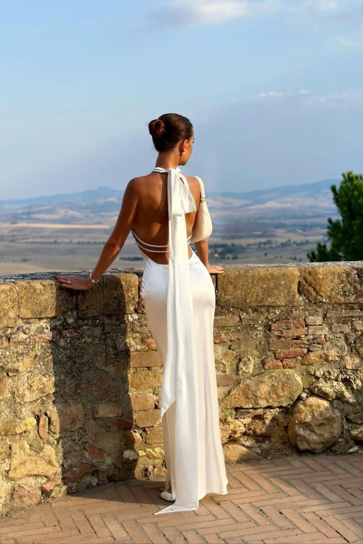 Duttini | Satin Halter Backless Evening Gown