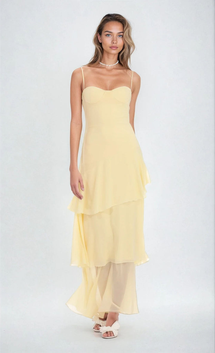 Duttini | Layered chiffon spaghetti strap gown