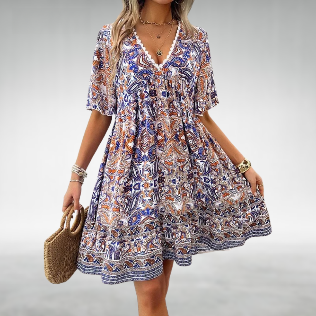 Duttini | Luxe Paisley Boho Mini Dress Vacation with Graceful Drape