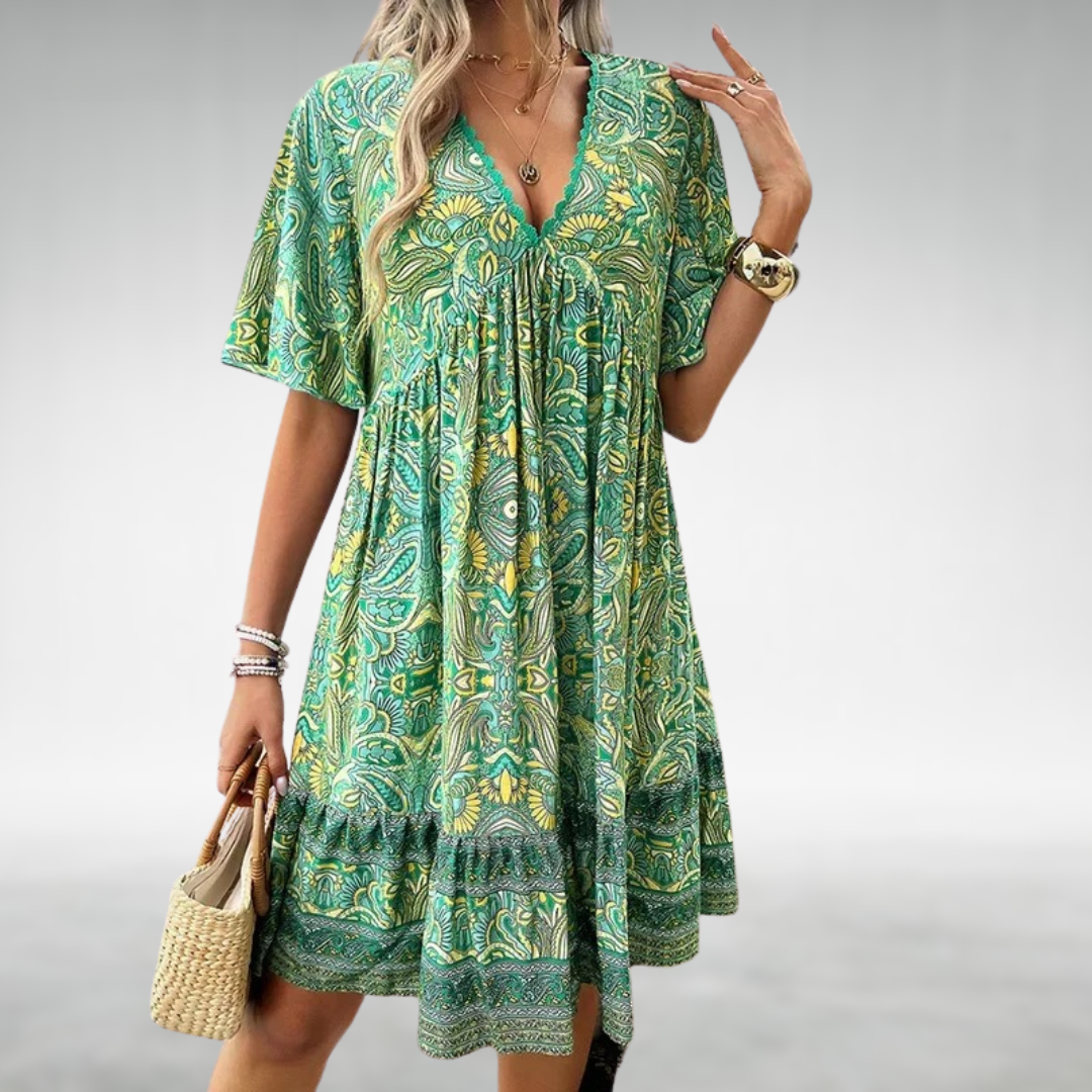 Duttini | Luxe Paisley Boho Mini Dress Vacation with Graceful Drape