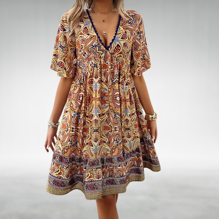 Duttini | Luxe Paisley Boho Mini Dress Vacation with Graceful Drape