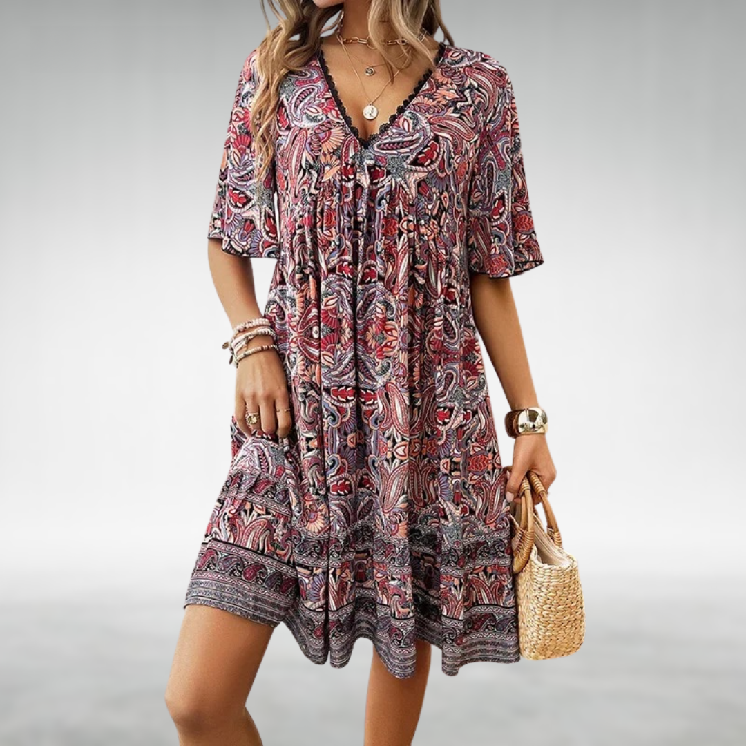 Duttini | Luxe Paisley Boho Mini Dress Vacation with Graceful Drape