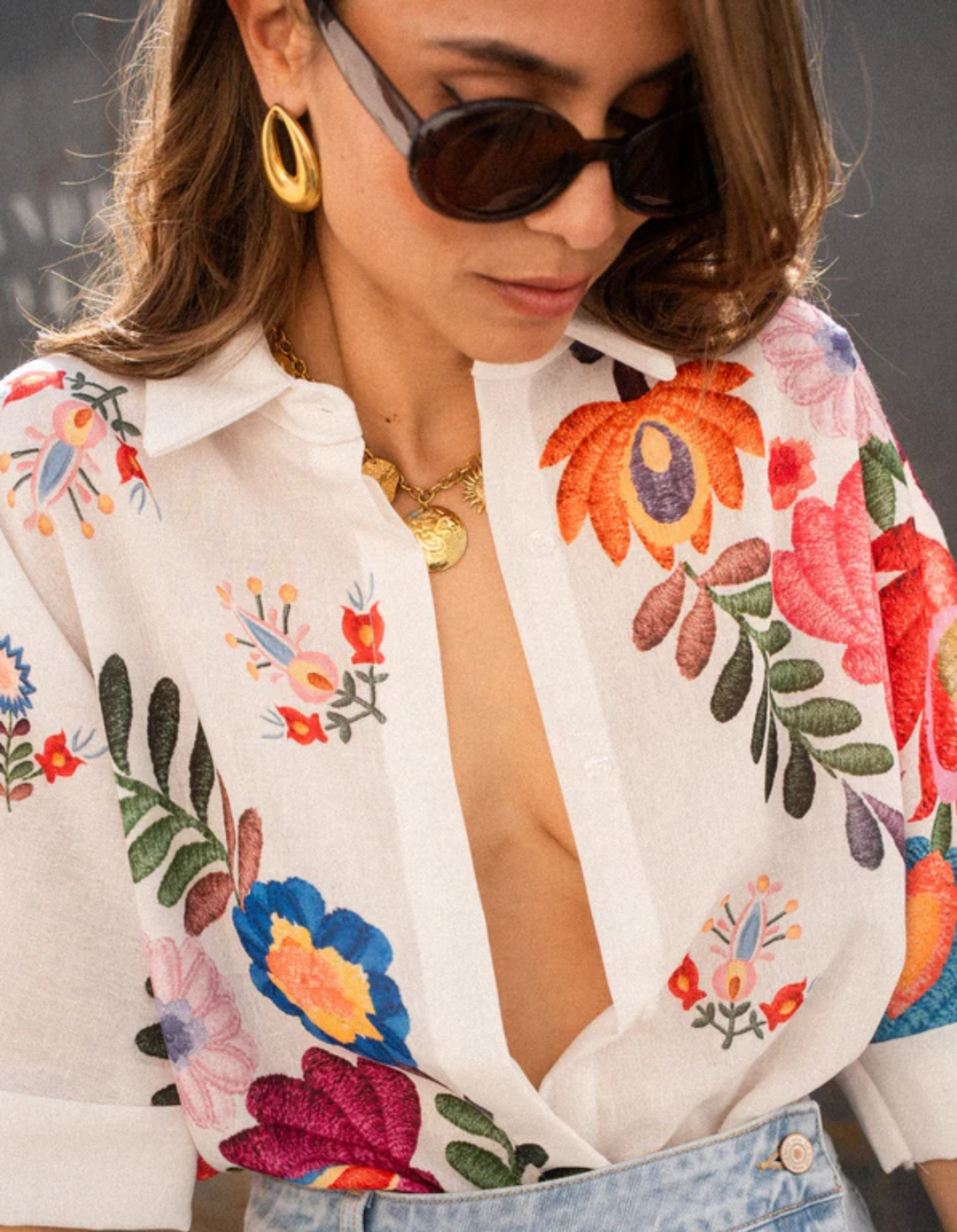 Duttini | Floral Embroidery Linen Blouse