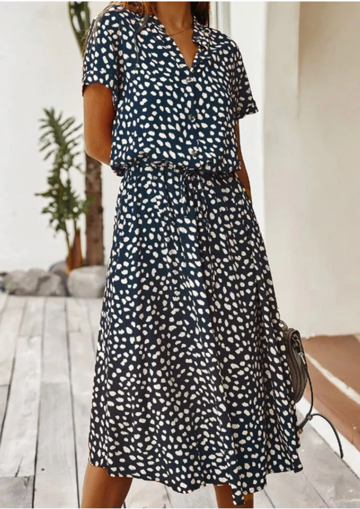 Duttini | Feminine Spotted Print Button-Down Midi Dress