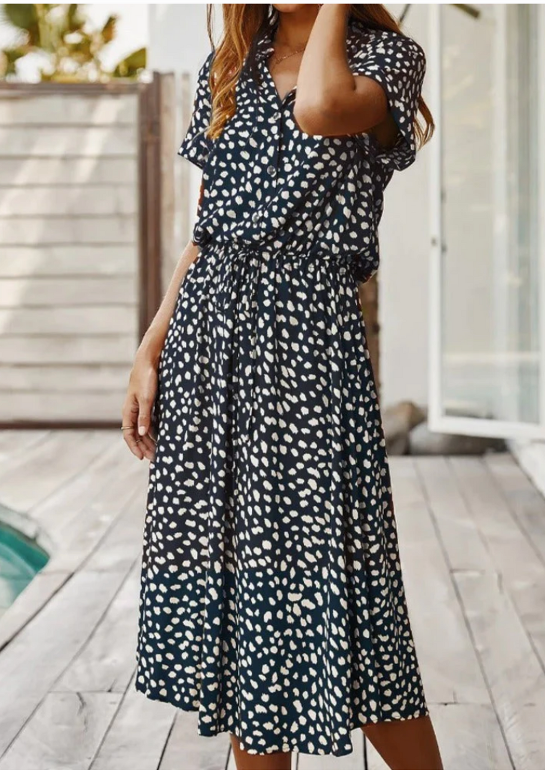 Duttini | Feminine Spotted Print Button-Down Midi Dress