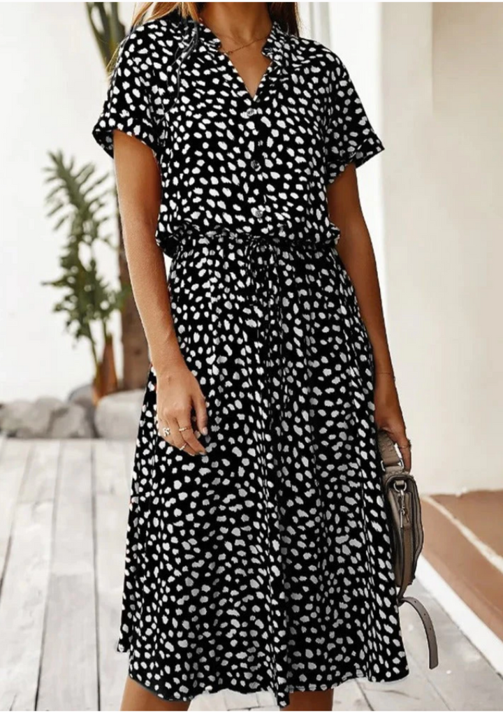 Duttini | Feminine Spotted Print Button-Down Midi Dress