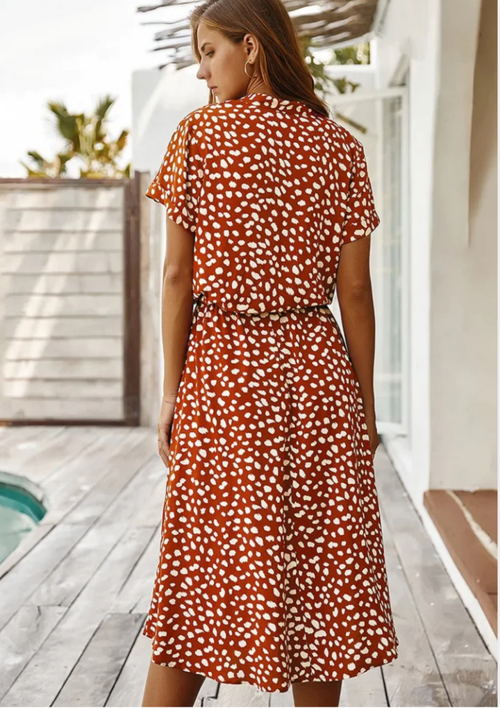 Duttini | Feminine Spotted Print Button-Down Midi Dress