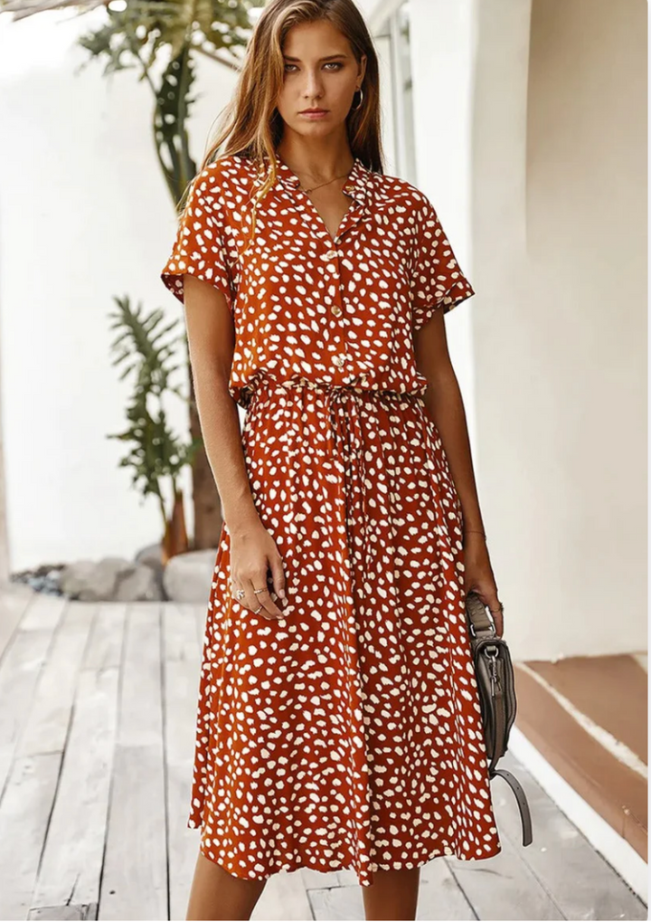 Duttini | Feminine Spotted Print Button-Down Midi Dress