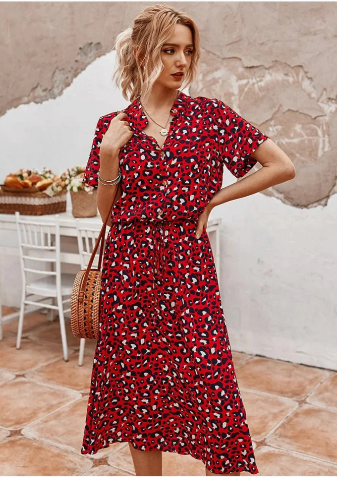 Duttini | Feminine Spotted Print Button-Down Midi Dress