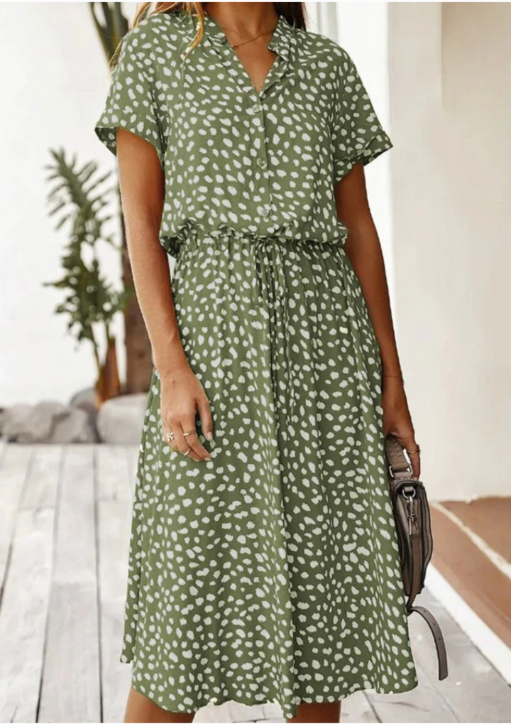 Duttini | Feminine Spotted Print Button-Down Midi Dress