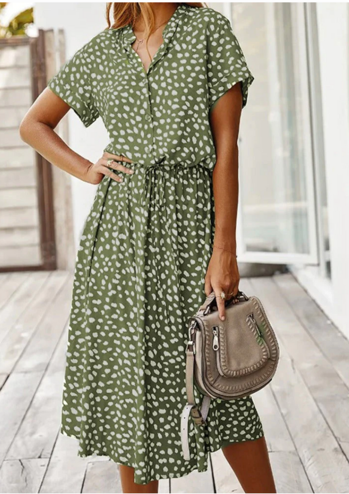 Duttini | Feminine Spotted Print Button-Down Midi Dress