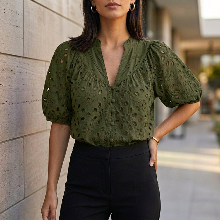 Duttini | Sophisticated Embroidered V-Neck Blouse With Voluminous Lantern Sleeves And Eyelet Detail