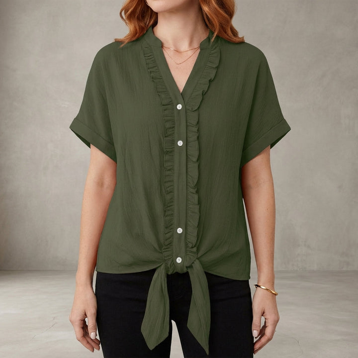 Duttini | Flowing Willow Grace Ruffle Trim Tie-Front Blouse