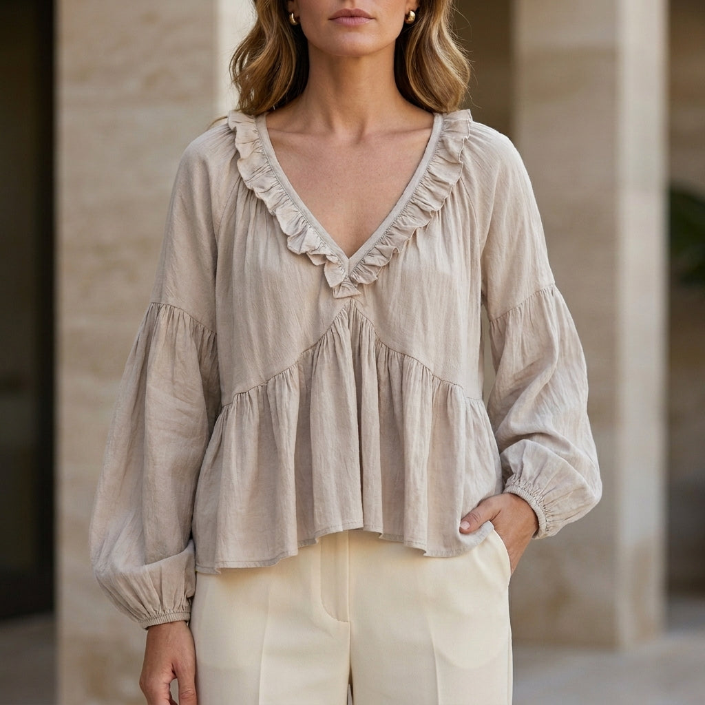 Duttini | Elegant Ruffle Trim V-Neck Peplum Blouse