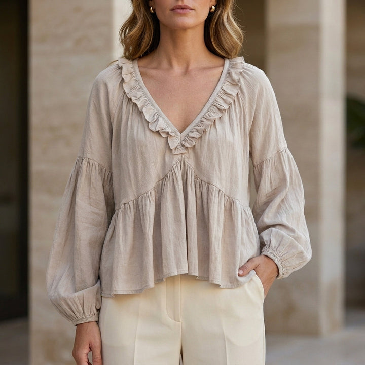 Duttini | Elegant Ruffle Trim V-Neck Peplum Blouse