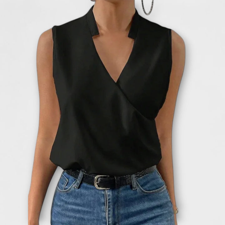 Duttini | Modern Sleeveless Wrap V-Neck Top Collared Blouse