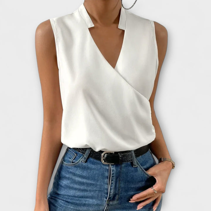 Duttini | Modern Sleeveless Wrap V-Neck Top Collared Blouse