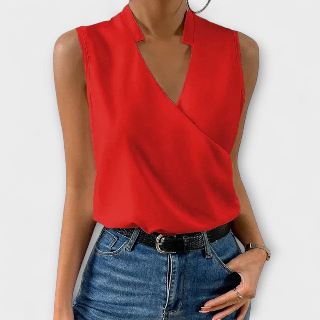 Duttini | Modern Sleeveless Wrap V-Neck Top Collared Blouse