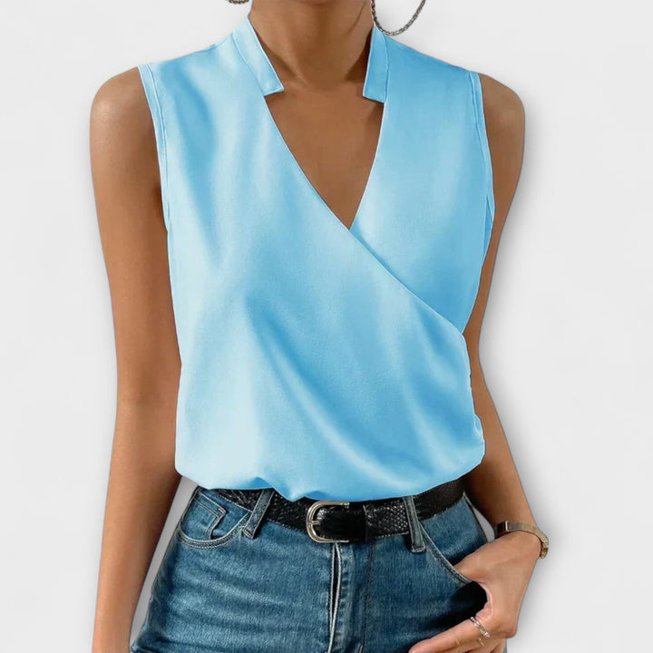 Duttini | Modern Sleeveless Wrap V-Neck Top Collared Blouse