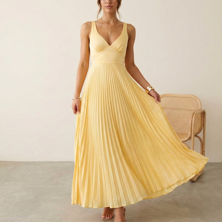 Duttini | Statement Eileen Satin Ruched Bodice Sleeveless Maxi Dress With Pleated Skirt