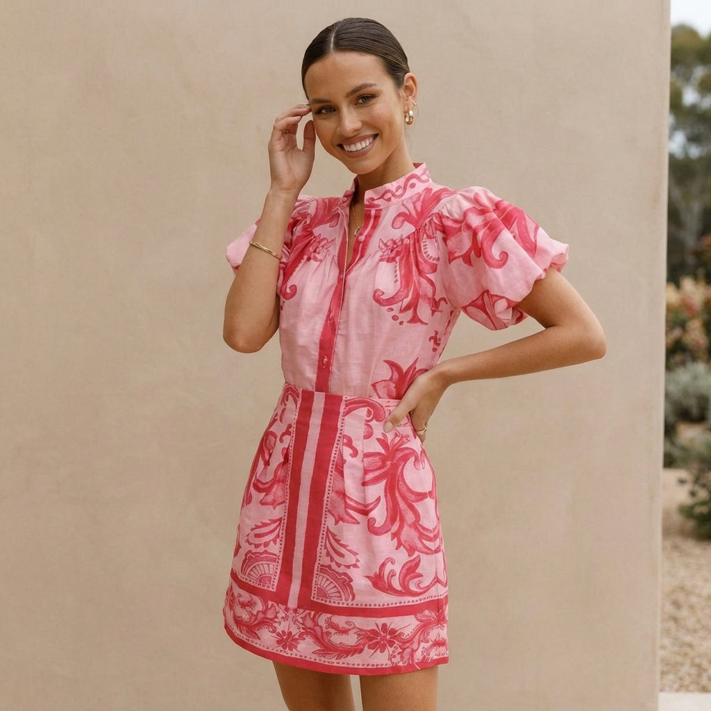 Duttini | Sculpted Puff Sleeve Button-Front Top And A-Line Mini Skirt Matching Set With Band Collar