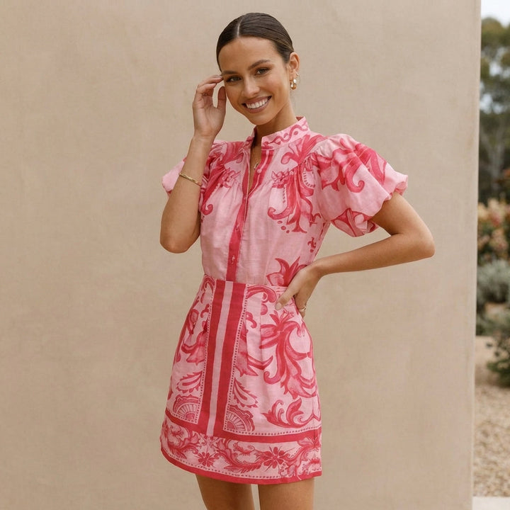 Duttini | Sculpted Puff Sleeve Button-Front Top And A-Line Mini Skirt Matching Set With Band Collar