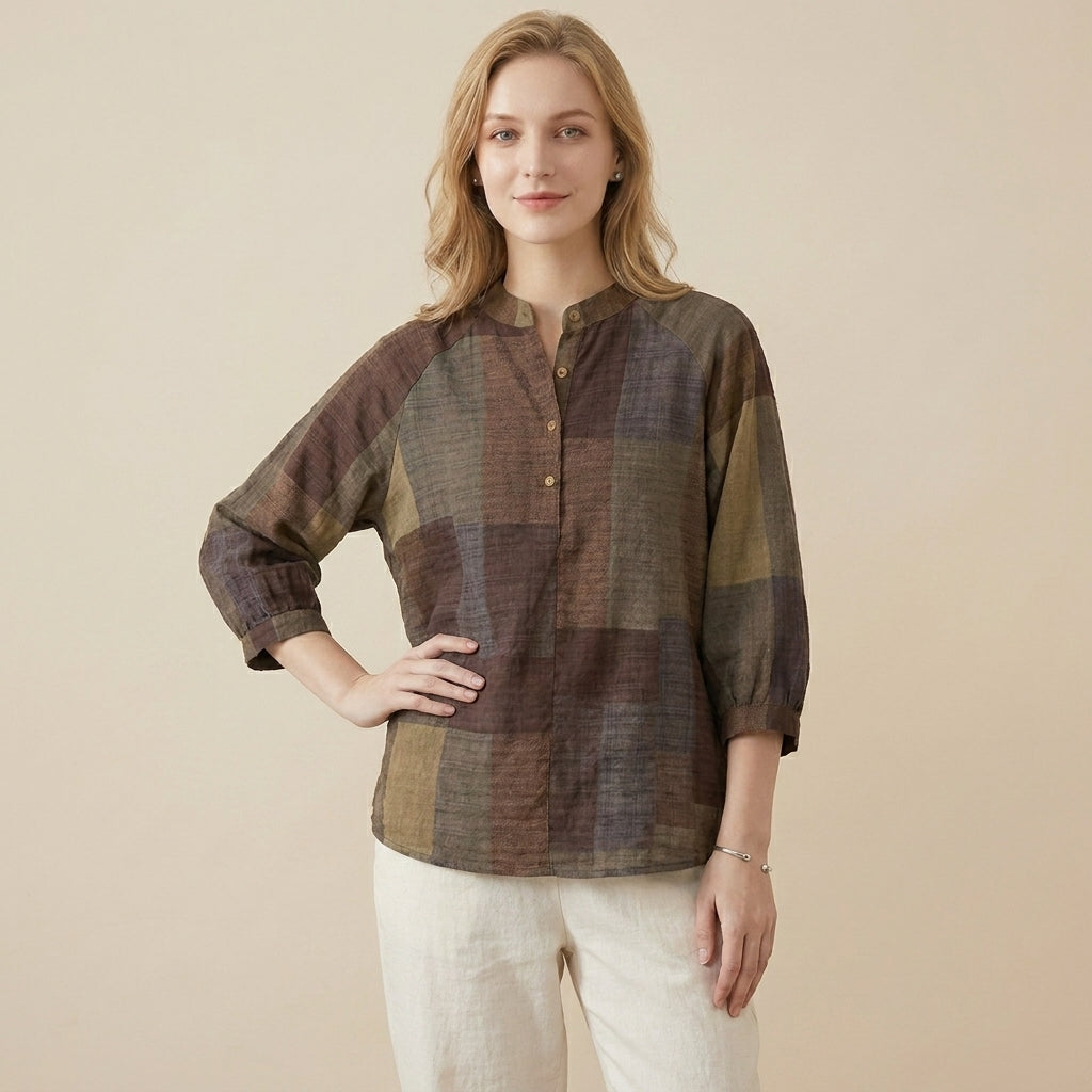 Duttini | Luxe Relaxed Lantern Sleeve Blouse With Mandarin Collar And Curved Hem