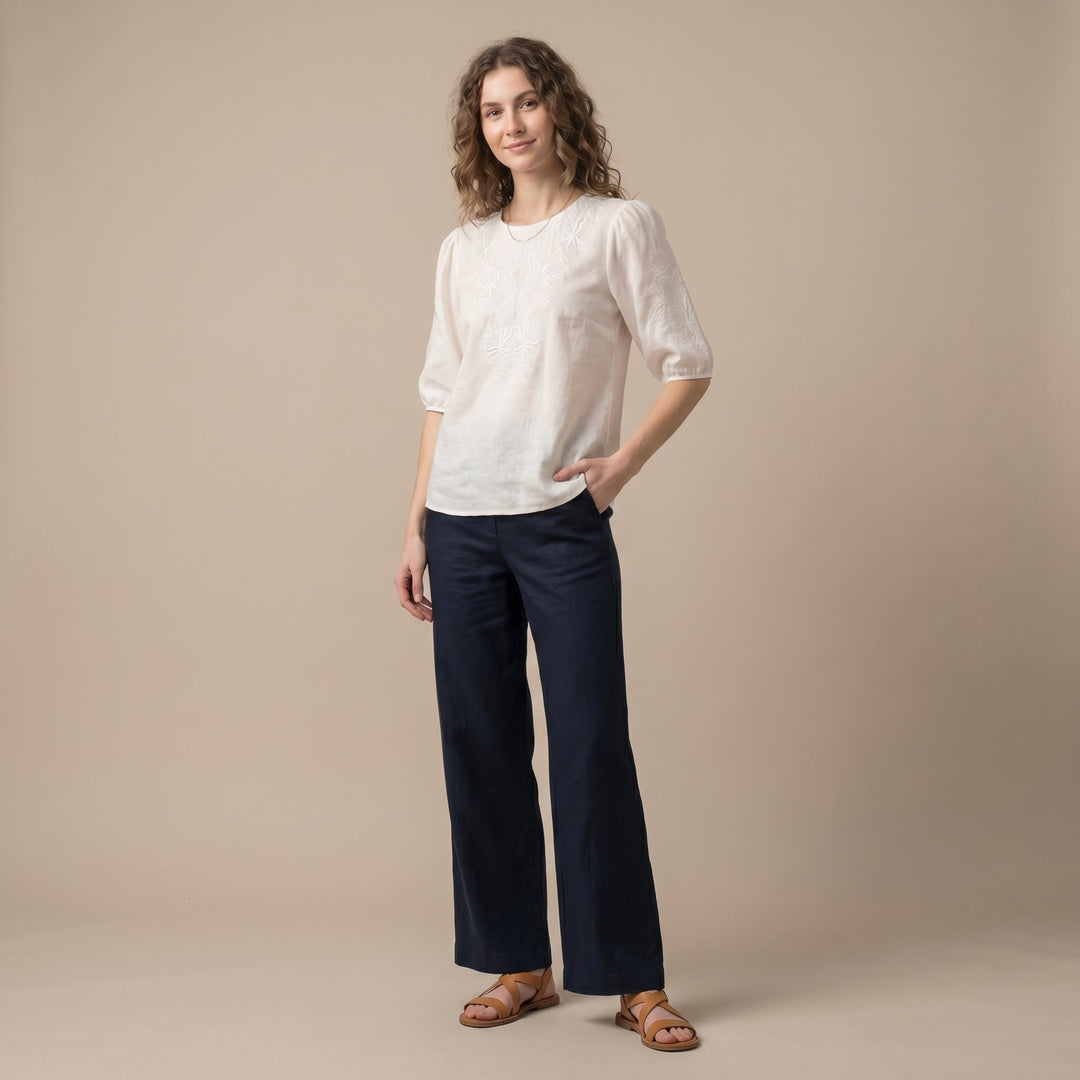 Duttini | Statement Relaxed Woven Top With Intricate Floral Embroidery And Puff Sleeves