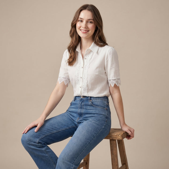 Duttini | Refined Tailored Short-Sleeve Lace-Trimmed Blouse With Scalloped Details