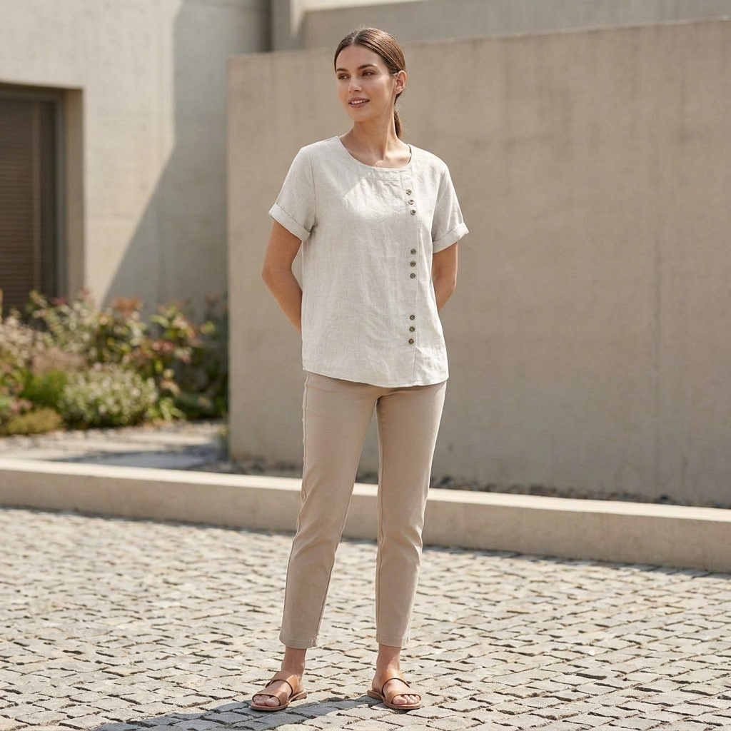 Duttini | Statement Relaxed Short Sleeve Blouse With Asymmetric Button Detail