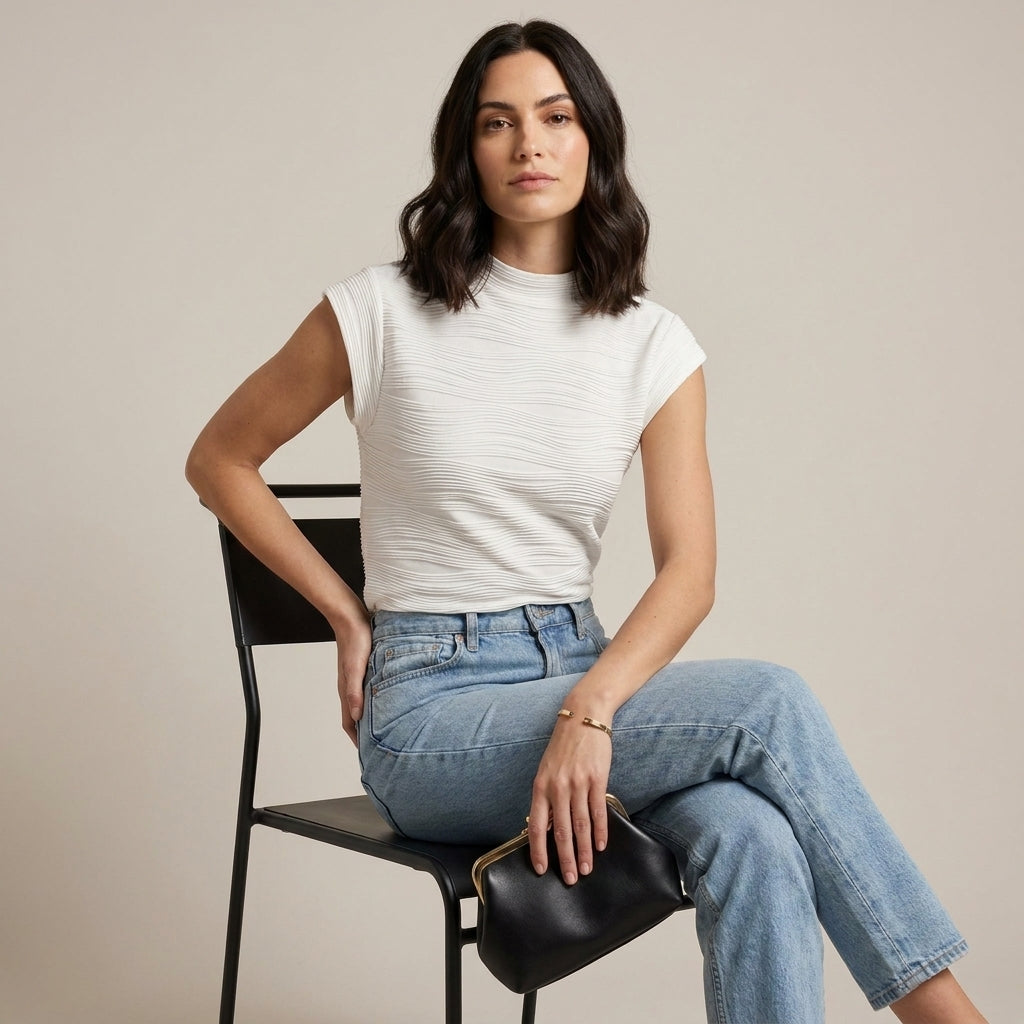 Duttini | Refined Textured Mock Neck Cap Sleeve Top With Sculpted Silhouette