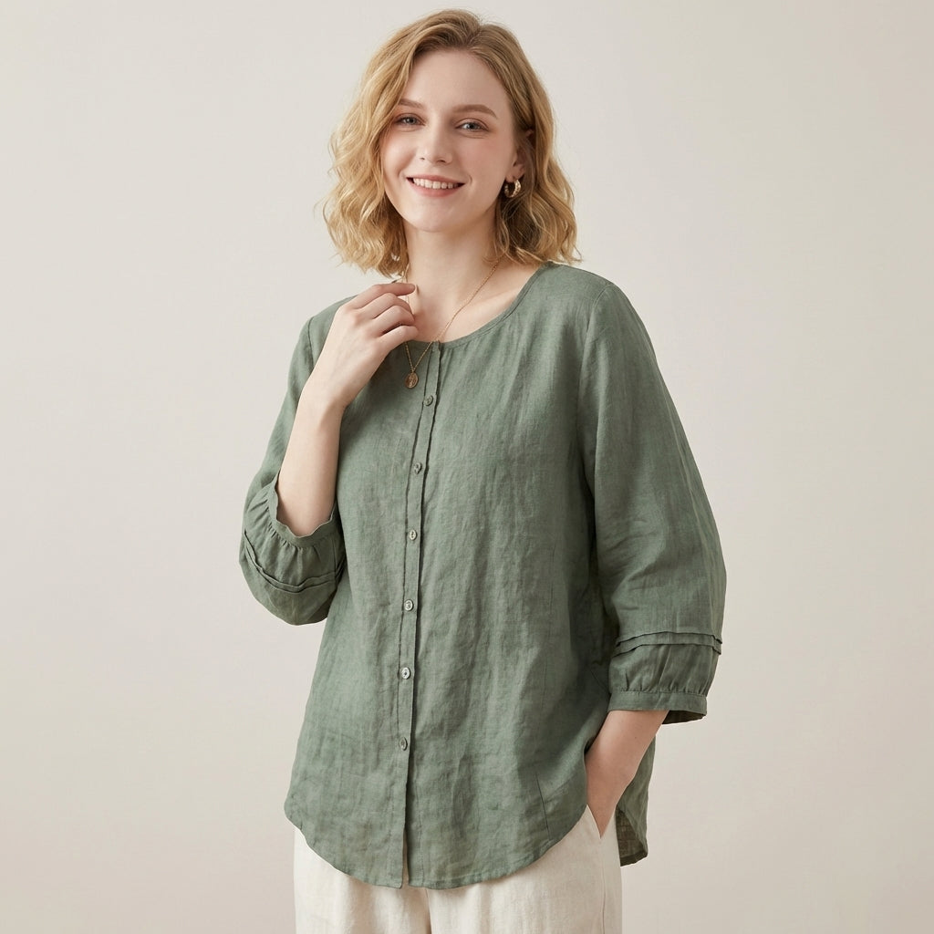 Duttini | Modern Relaxed 3/4 Sleeve Woven Button-Down Top With Pintuck Detailing
