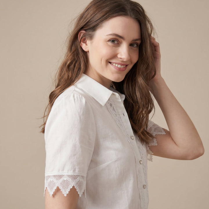 Duttini | Refined Tailored Short-Sleeve Lace-Trimmed Blouse With Scalloped Details