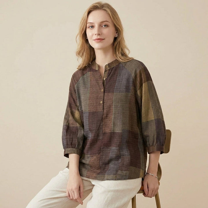 Duttini | Luxe Relaxed Lantern Sleeve Blouse With Mandarin Collar And Curved Hem