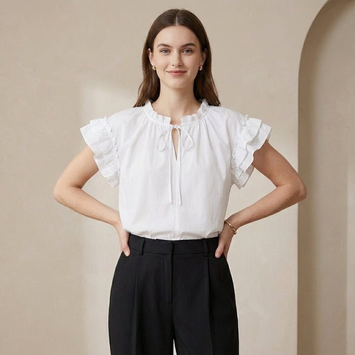 Duttini | Romantic Ruffle Sleeve Loose Blouse With Tiered Collar Tie Detail