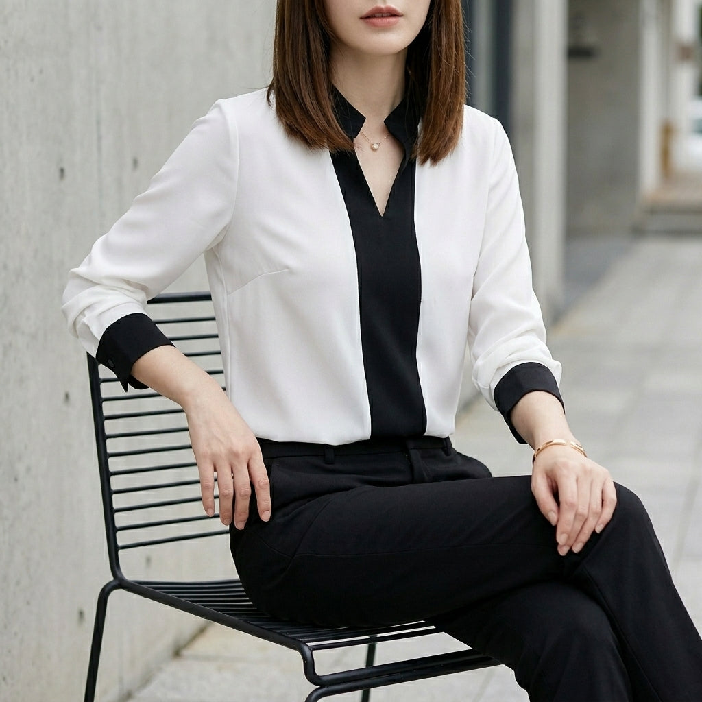 Duttini | Effortless Tailored Color-Block Chiffon Blouse With Stand Collar And V-Neck
