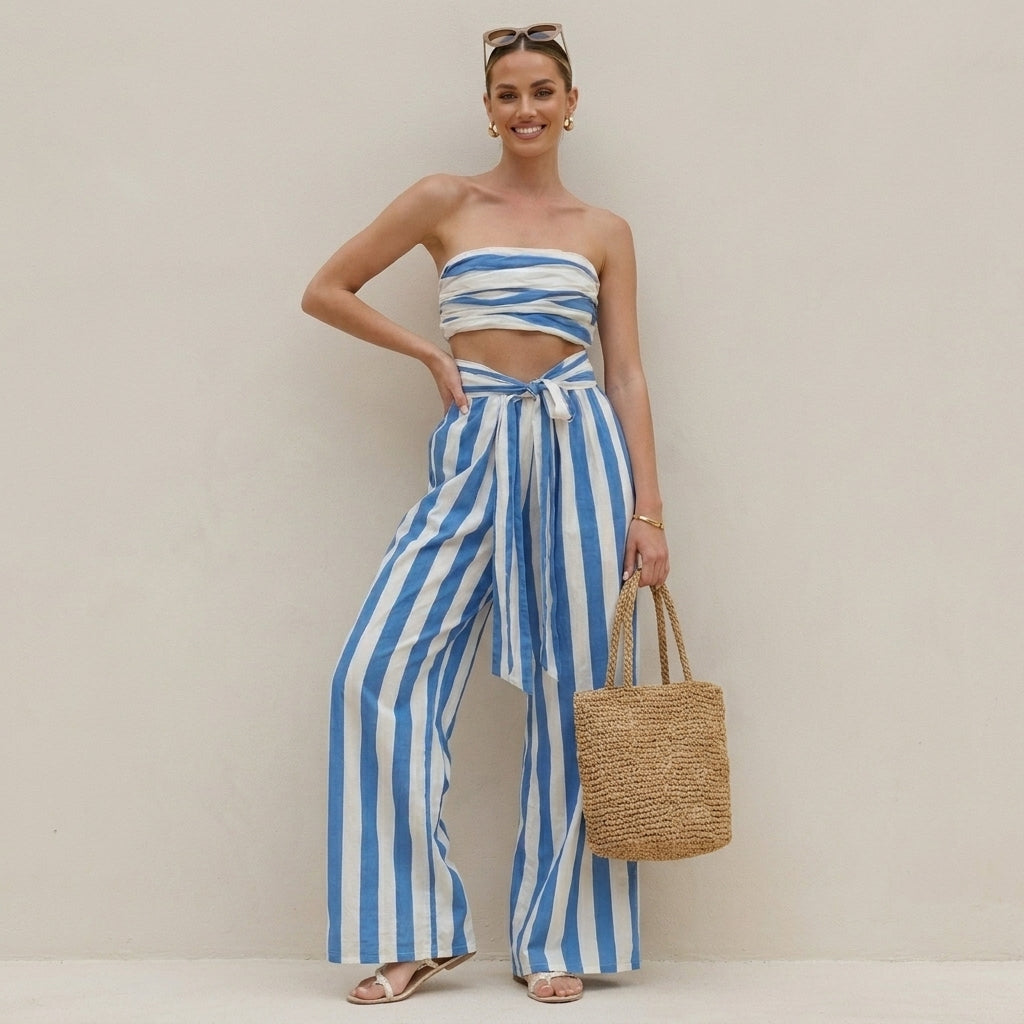 Duttini | Flowing Ruched Strapless Bandeau Two-Piece Wide-Leg Pantsuit With Self-Tie Waist