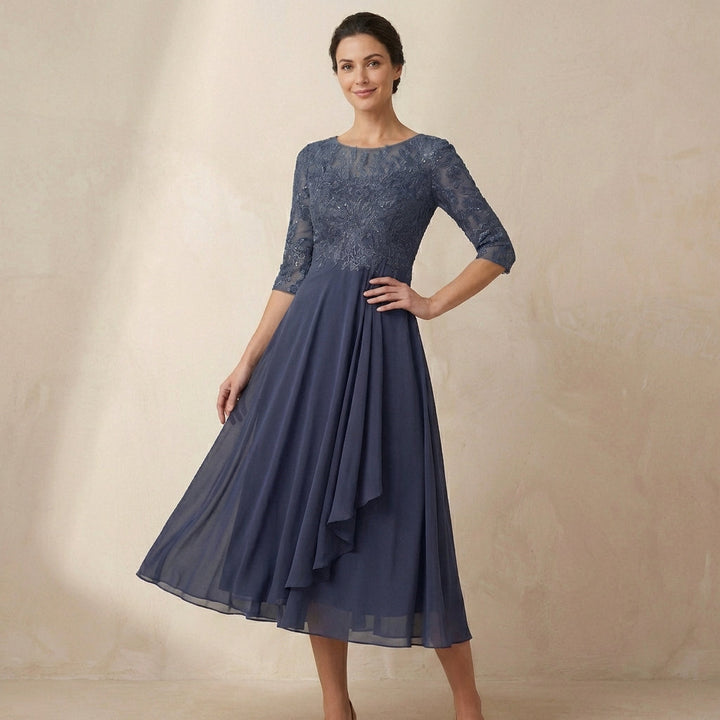 Duttini | Elegant Embroidered A-Line Midi Dress With Sheer Sleeves And Pockets